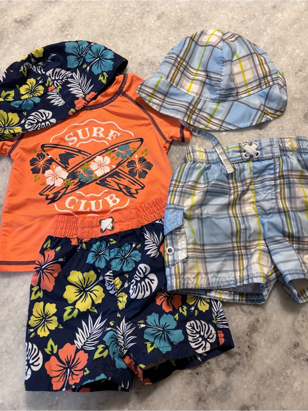 Two Boys Swim Trunks with Matching Sun Hats- 12M